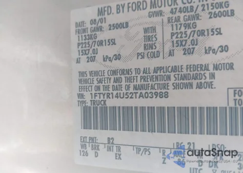 2002 Ford Ranger Edge/Tremor/Xl/Xlt from USA, damaged, VIN 1FTYR14U52TA03988